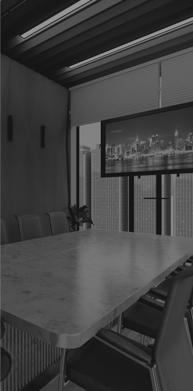 Modern conference room with city view and large screen.